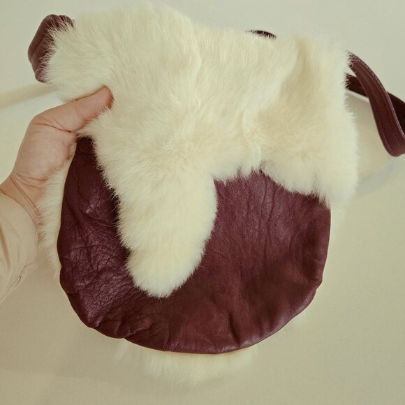 Handmade leather & fur shoulder bag plum off-white artisan genuine - Picture 2 of 10